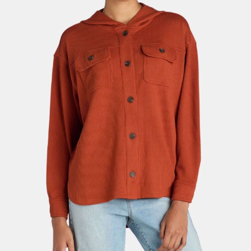 Time and Tru Womens Rust Brown Ribbed Hooded Oversized Shacket size M (8-10) NWT